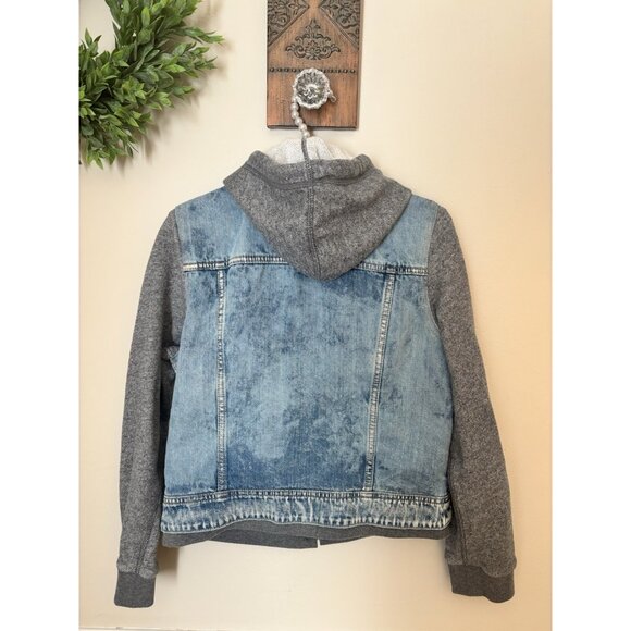 American Eagle Outfitters Size L Hooded Denim Jean Jacket Grey Sweatshirt Sleeve - Picture 5 of 7